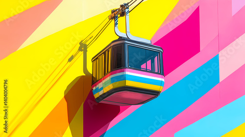 Aerial tramway cabin on colorful striped background of yellow, pink, and blue. Pastel Dreamweave. Illustration