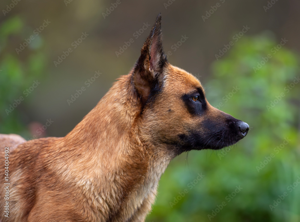 Close-Up Profile of Alert Belgian Malinois in Nature Close-Up Profile of Alert Belgian Malinois in Nature