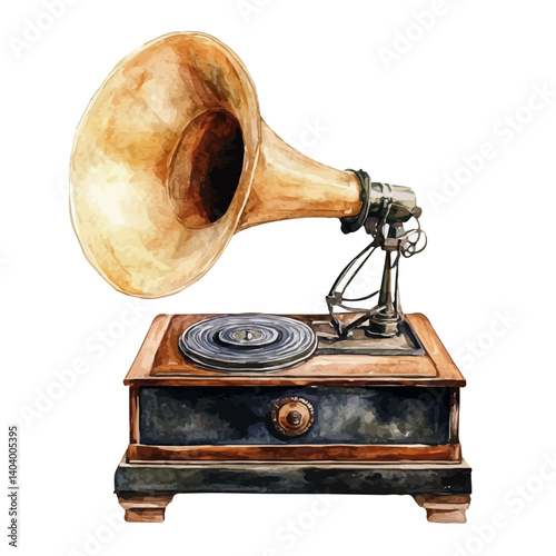 Classic Phonograph With A Horn Speaker, watercolor vector, isolated on a white background.