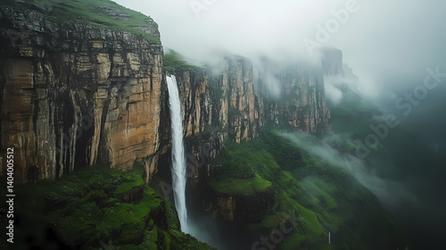 Tugela falls after the rain, as the rocky cliffs come alive, their granite faces shifting to reveal ancient, mystical runes that glow with a soft, ethereal light. Ancestral Runes. Illustration