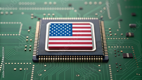 American Flag on Microchip Circuit Board Technology USA Innovation