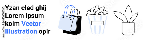 Shopping bags next to a popcorn bucket and potted plant. Ideal for retail, cinema, leisure, lifestyle, decor, sustainable living, e-commerce themes. Flat landing page banner