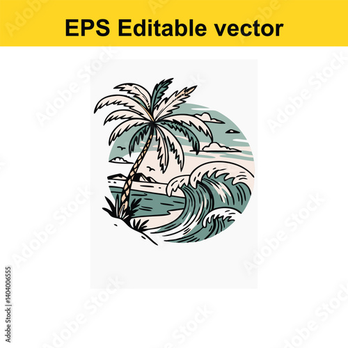 a tropical beach scene, featuring a tall curved palm tree with textured brown fronds, large ocean wave crashing with dynamic white foam
