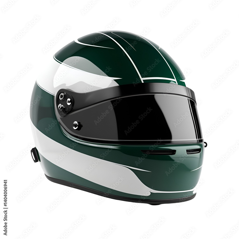 Sleek Green and White Racing Helmet with Glossy Finish and Adjustable Visor on Transparent Background Sleek Green and White Racing Helmet with Glossy Finish and Adjustable Visor on Transparent Background