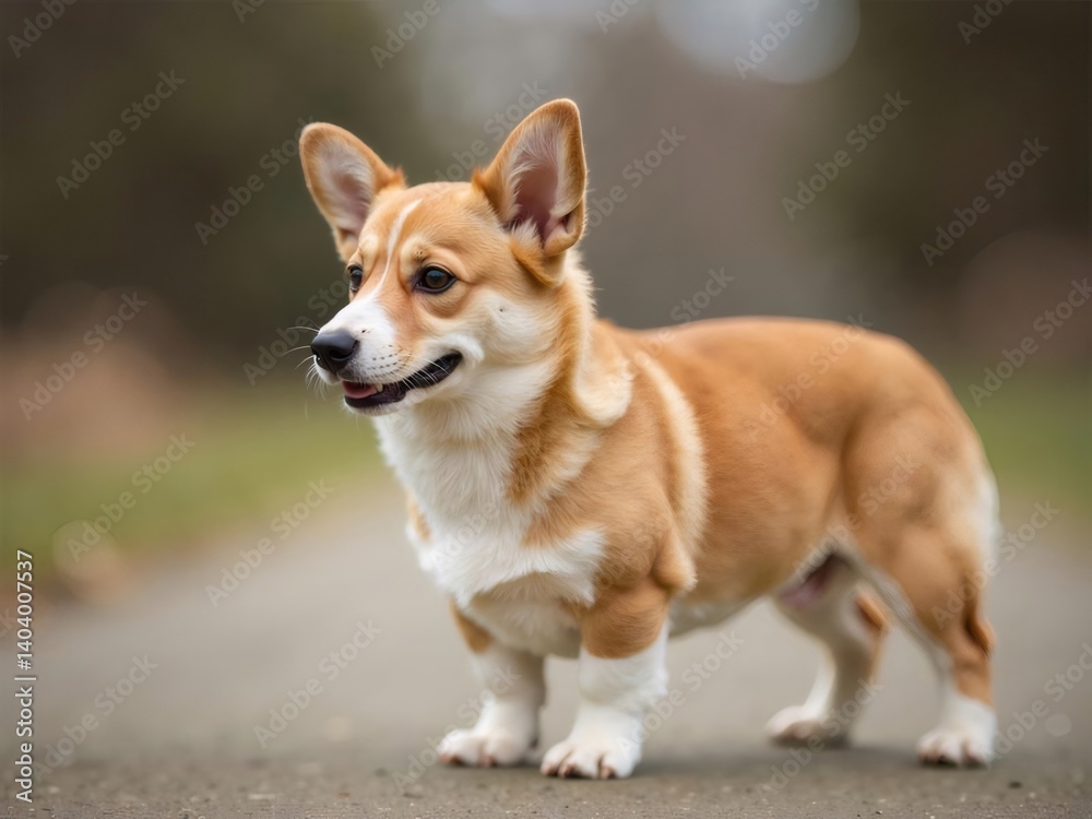 Adorable Pembroke Welsh Corgi Dog Standing Alert on Paved Road with Green Background Adorable Pembroke Welsh Corgi Dog Standing Alert on Paved Road with Green Background