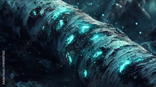 Ancient silver birch tree trunk with intricate blue-green luminescent fibers. Moonlit Fiber. Illustration