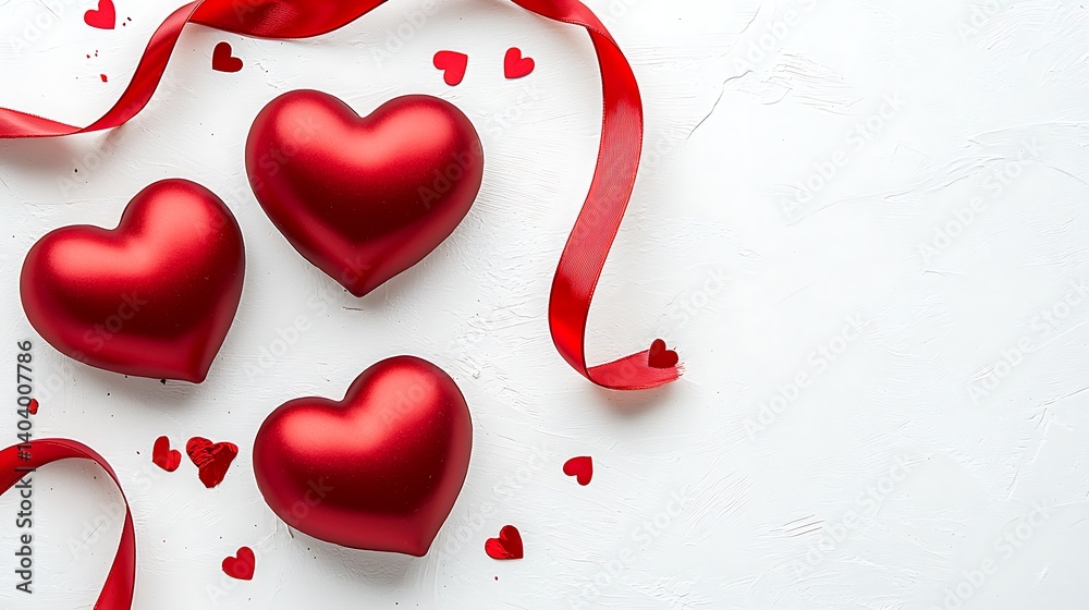 Red Heart Decorations with Ribbon on White Background for Love Theme Red Heart Decorations with Ribbon on White Background for Love Theme