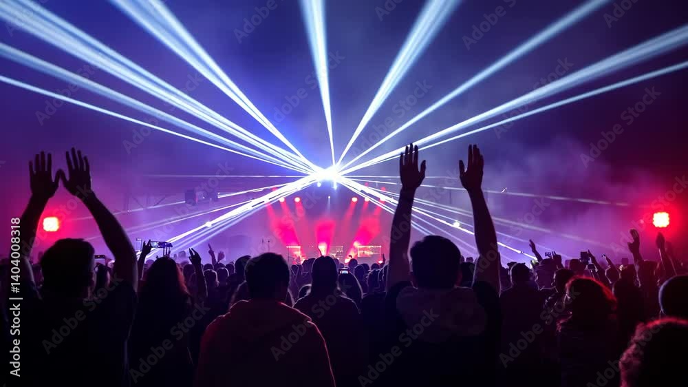 Enthusiastic crowd with raised arms enjoying an electronic music concert with dynamic laser light show inside a big venue