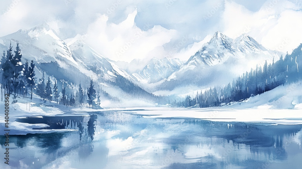 custom made wallpaper toronto digitalSerene winter landscape with snowy mountains and calm lake sky art blue cold view white trees water