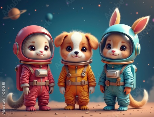 Cheerful digital painting of adorable animals wearing bright spacesuits floating in outer space