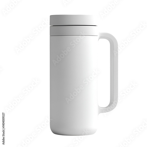 Minimalist White Insulated Travel Mug with Handle for Hot and Cold Beverages on Transparent Background