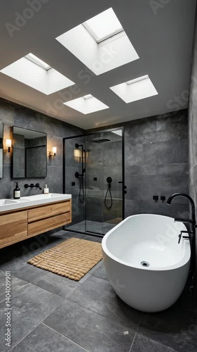 Modern bathroom interior design featuring bathtub, shower enclosure, wooden vanity, and natural light from square skylights.