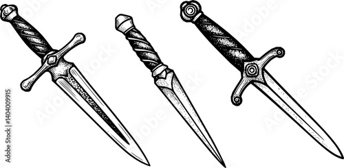 Vintage daggers set. Hand drawn sketch style medieval weapon collection. Best for tatoo and retro historical designs. Vector illustration isolated on white.