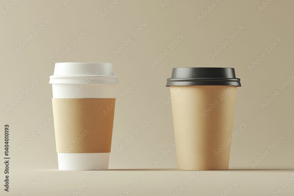Two Coffee Cups with Lids on Neutral Background Ready for Branding Two Coffee Cups with Lids on Neutral Background Ready for Branding