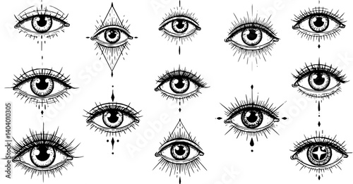 Vector illustration Set of human eyes for design of all seeing eye symbols variations. Alchemy, religion spirituality and occultism tattoo ink art collection. Vision of providence and third eye. 
