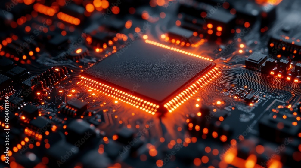 Glowing red chip on circuit board, dark background. Focus on processor, blurred electronic components Glowing red chip on circuit board, dark background. Focus on processor, blurred electronic components