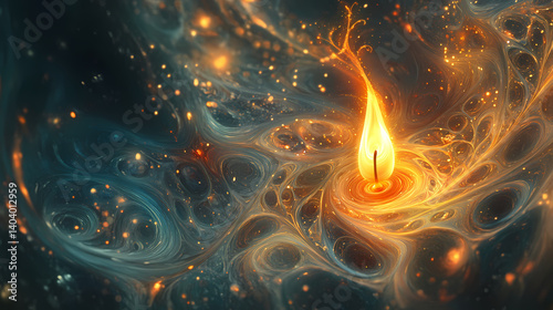 Manifest a delicate, golden candle flame flickers amidst a mystical aura, its gentle dance weaving intricate patterns that swirl with an otherworldly essence. Subconscious Weaving. Illustration