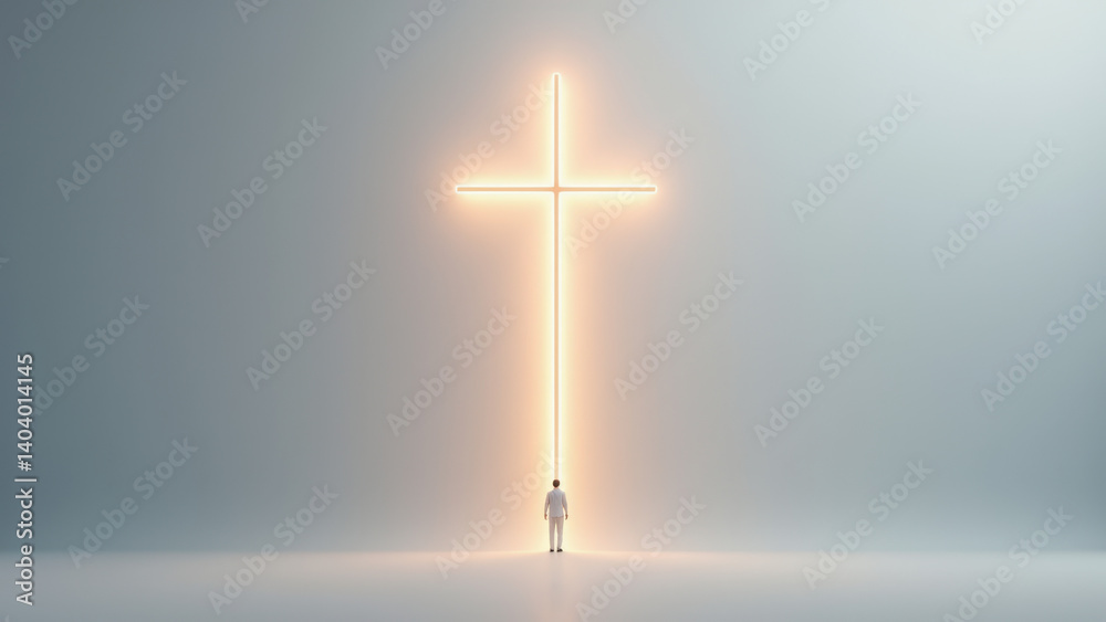 Naklejka premium A dramatic portrayal of a Christian cross with light emanating from its base, casting a shadow on the ground, representing hope and salvation.