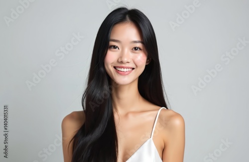 Beautiful Asian woman with shiny black straight long hair looking at camera. Young smiling female has clean fresh skin. Brunette girl with healthy, pretty face on grey background.