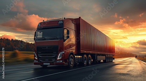 Semi Truck Driving on Road at Sunset