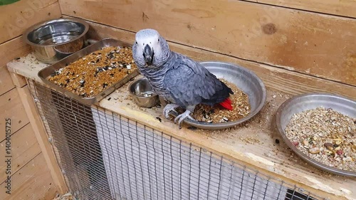 Zoom in footage of the red tailed grey parrot. Birds