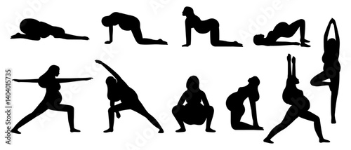Prenatal Yoga Silhouettes: A set of  ten silhouette illustrations showcasing a diverse range of prenatal yoga poses designed for expecting mothers.