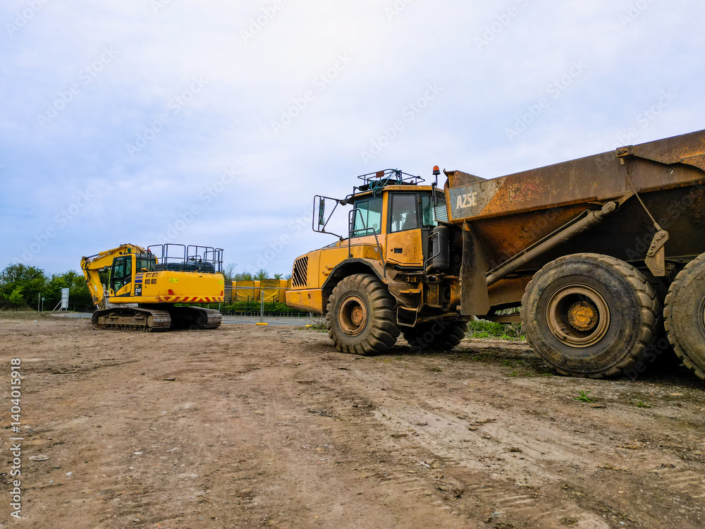 Heavy-duty articulated dump truck and tracked excavator parked on a dirt construction site, captured under an overcast sky, ready for earthmoving and groundwork operations Heavy-duty articulated dump truck and tracked excavator parked on a dirt construction site, captured under an overcast sky, ready for earthmoving and groundwork operations