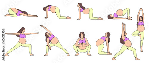 Pregnancy Yoga Poses: Embrace the journey of motherhood with a comprehensive illustration, showcasing a pregnant person gracefully practicing various yoga poses.