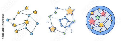 Celestial constellation icons set, astronomical star map symbols in pastel colors, vector galaxy and astrology line art elements