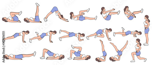 Female Workout Routine: A dynamic series of illustrations showcase a fitness regimen, with a focus on various exercises performed by a woman demonstrating proper form and technique.