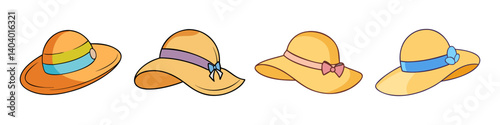 Summer straw hat collection, set of 4 colorful sun hats with ribbons, beach fashion headwear icons in flat vector style