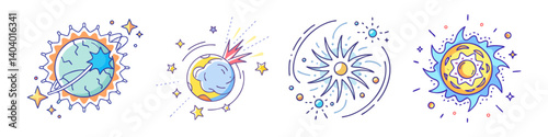 Celestial space icons set, hand drawn astronomical planets and stars, 4 colorful galaxy vector elements, whimsical cosmic universe illustrations