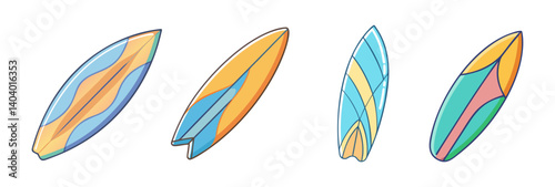 Colorful surfboard collection in cartoon style, set of 4 surf board vector icons, tropical summer beach equipment for surfing and water sports