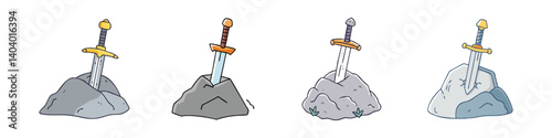 Medieval sword in stone collection, 4 hand-drawn fantasy blade icons, legendary excalibur weapon set, mythical steel swords in rock boulders