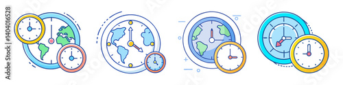Global time zone icon set, world clock and international business hours symbols, 4 flat line SVG elements for travel and logistics