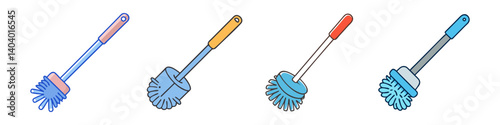 Toilet brush icon set, colorful bathroom cleaning tools in flat line style, 4 hygiene scrubbers for domestic housework and sanitation