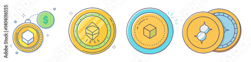 Cryptocurrency coin icons set, digital blockchain tokens with cube and dollar symbols, flat line vector illustration for fintech and web design