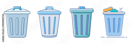 Minimalist trash can icon set, blue garbage bin vector illustrations, flat waste container collection for web and app interface design