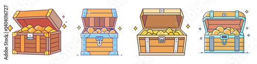 Cartoon treasure chest collection, 4 open wooden trunks with gold coins, pirate loot icons in flat line art style, game UI assets