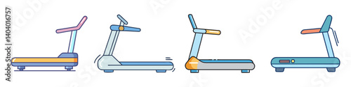 Modern treadmill icon set in flat line style, collection of 4 cardio running machine vectors, fitness equipment for home gym and workout apps