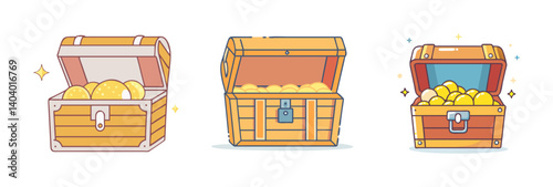Cartoon treasure chest collection, set of 3 wooden pirate trunks with gold coins, flat vector illustrations for gaming and rewards