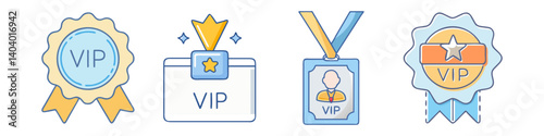 VIP membership icon set, premium loyalty program badges, exclusive access pass and reward medals, 4 flat vector symbols