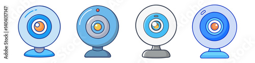 Webcam icon set in flat line style, digital computer camera collection for video calls, blue and white web camera equipment for streaming and remote work
