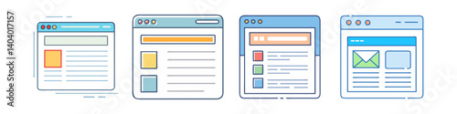 Free Download Modern browser window icons set, flat line web page interface elements, digital website layout wireframe collection in blue and orange - GFXLoad