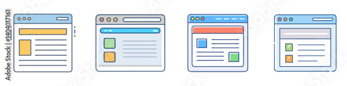 Modern web browser interface icons, set of 4 flat line website window illustrations, colorful digital UI UX design elements for internet browsing