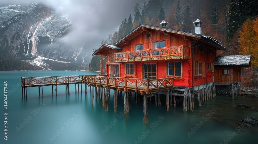 Fototapeta premium Serene Lakeside Cabin in the Alps