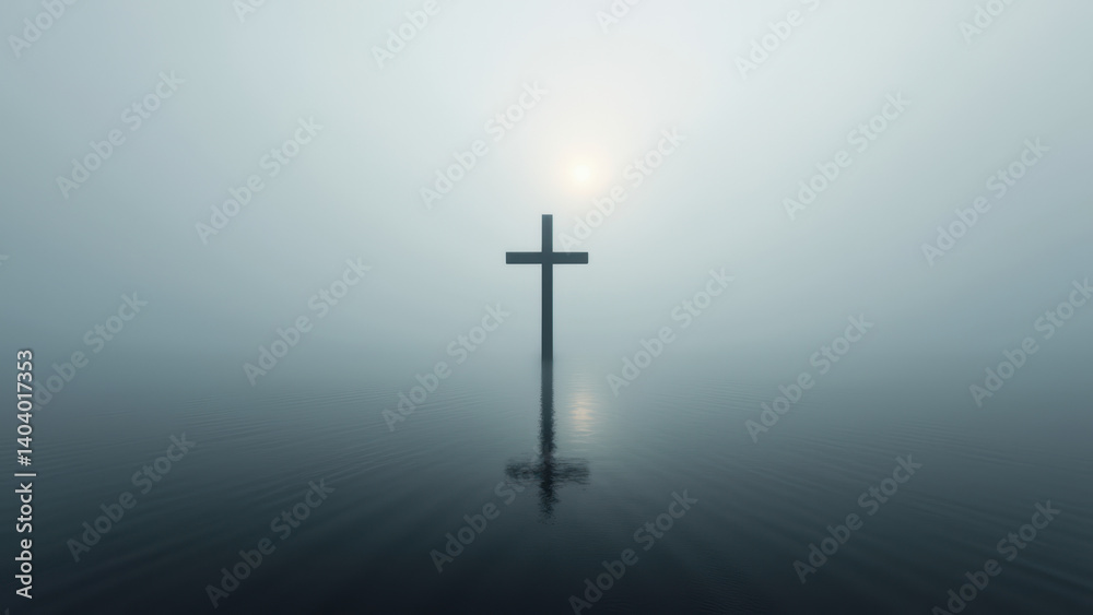 Naklejka premium A cross in a body of water with a blurred background.