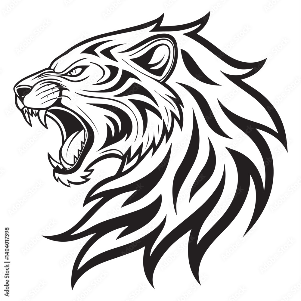 Fototapeta premium Tribal Tiger Head Vector – Black and White Roaring Tiger Tattoo Design