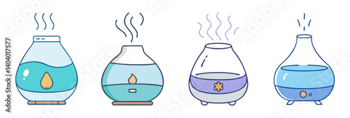Modern air humidifier icon set, essential oil diffuser vector illustrations, 4 wellness mist machine line art icons for home spa