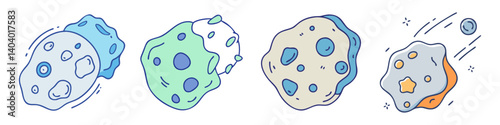 Hand drawn asteroid collection, set of 4 cartoon space rocks and meteorites, colorful celestial bodies in doodle style, cosmic vector elements
